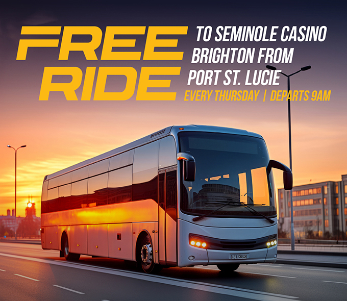 Free Ride to Seminole Casino Brighton from Port St. Lucie image of a bus on a highway
